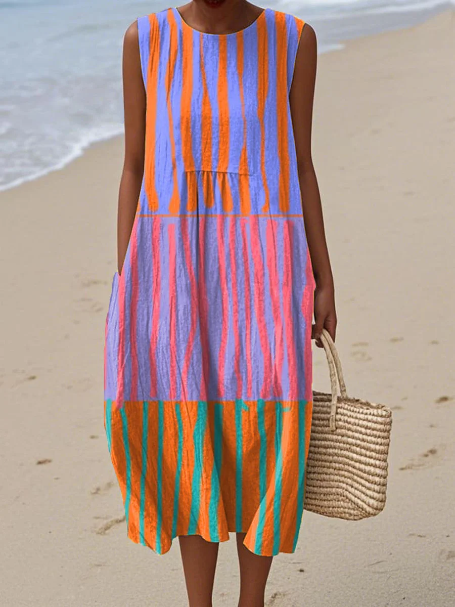 Women's Vintage Abstract Geometric Art Print Sleeveless Cotton Pocket Wrap Dress