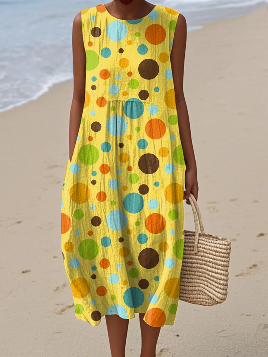 Women's Vintage Abstract Geometric Art Print Sleeveless Cotton Pocket Wrap Dress