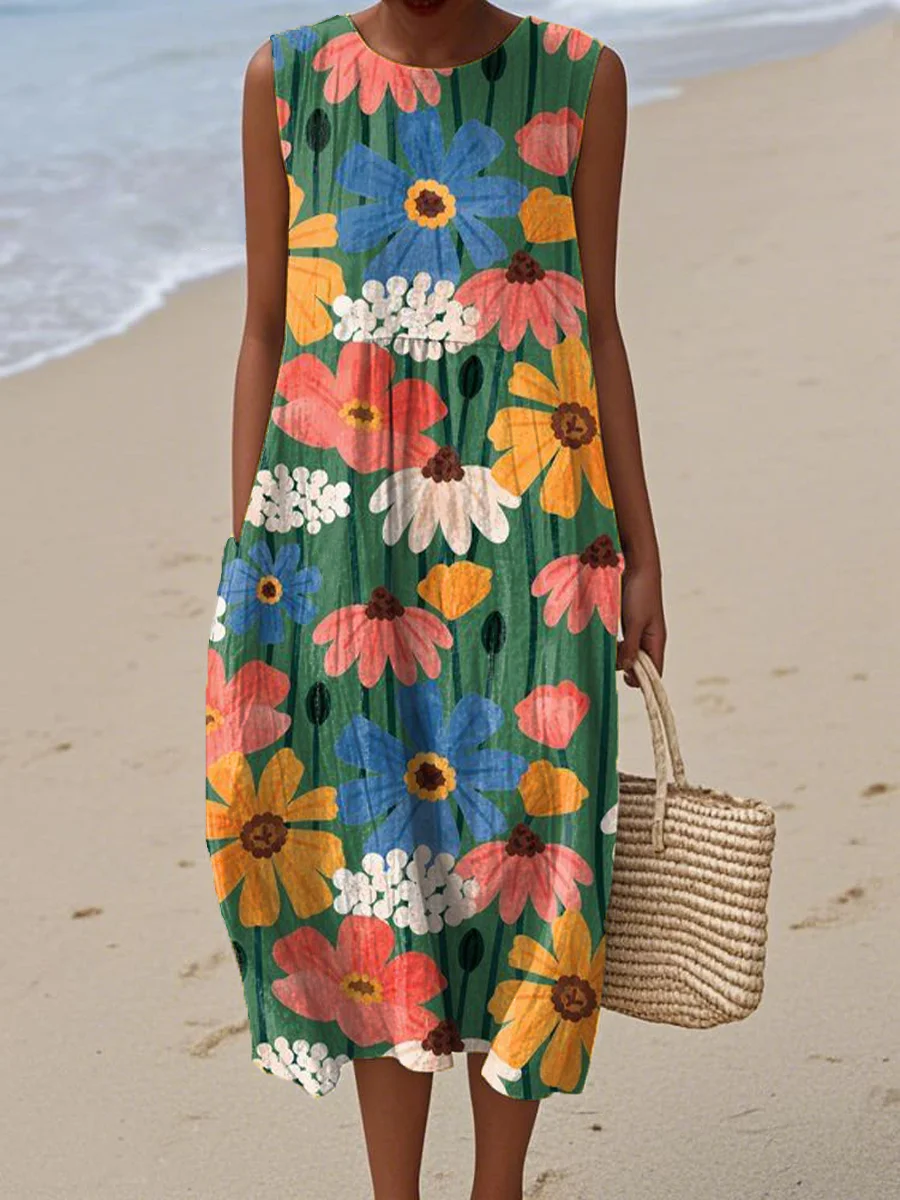 Women's Vintage Abstract Geometric Art Print Sleeveless Cotton Pocket Wrap Dress