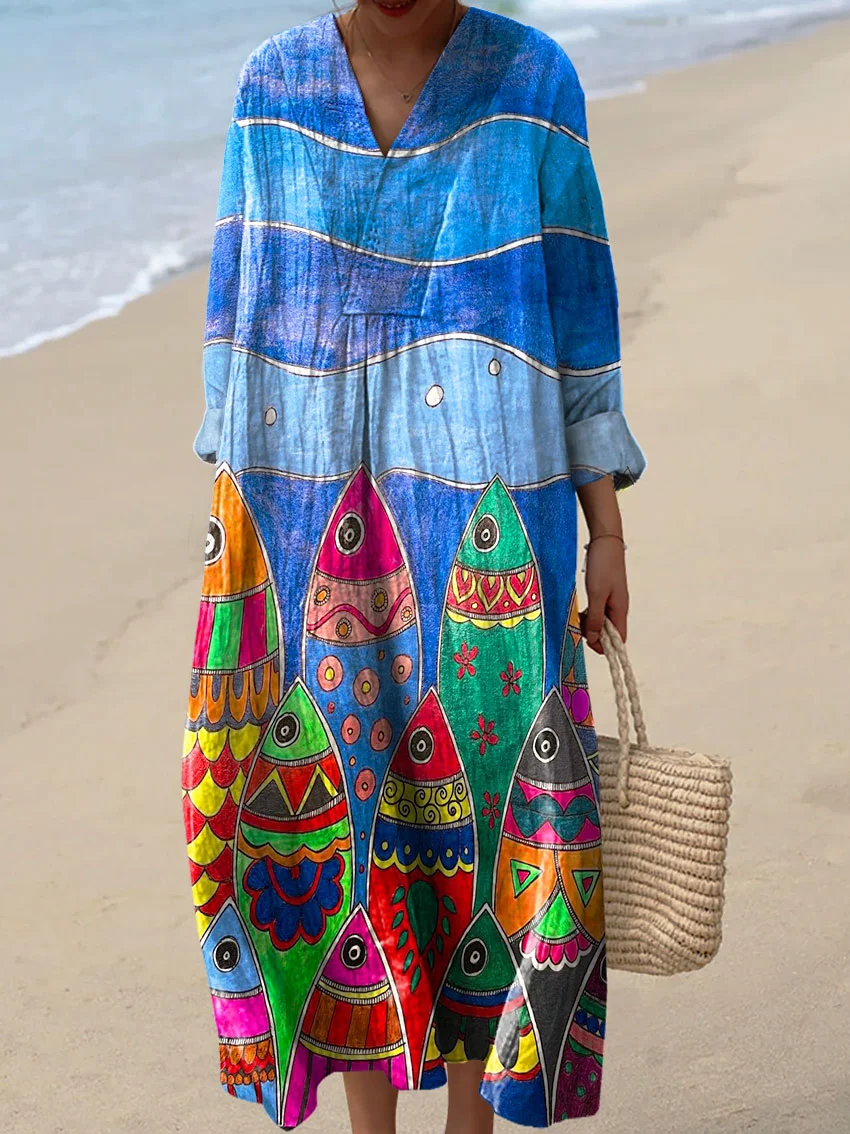 Women's Vintage Abstract Pattern Art Print Cotton Dress