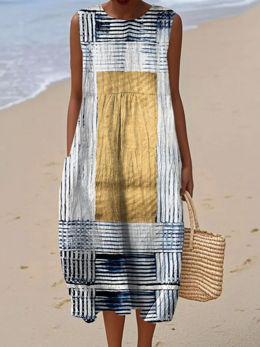 Women's Vintage Abstract Geometric Art Print Sleeveless Cotton Pocket Wrap Dress