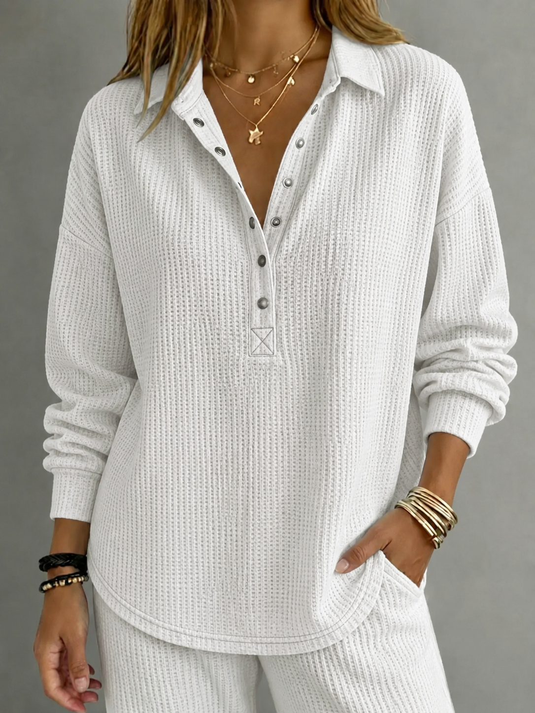 【BUY 2 FREE SHIPPING】Women Textured Waffle-Knit Collared Henley Top