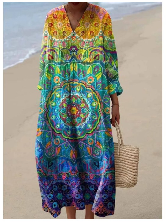 Women's Vintage Abstract Pattern Art Print Cotton Dress