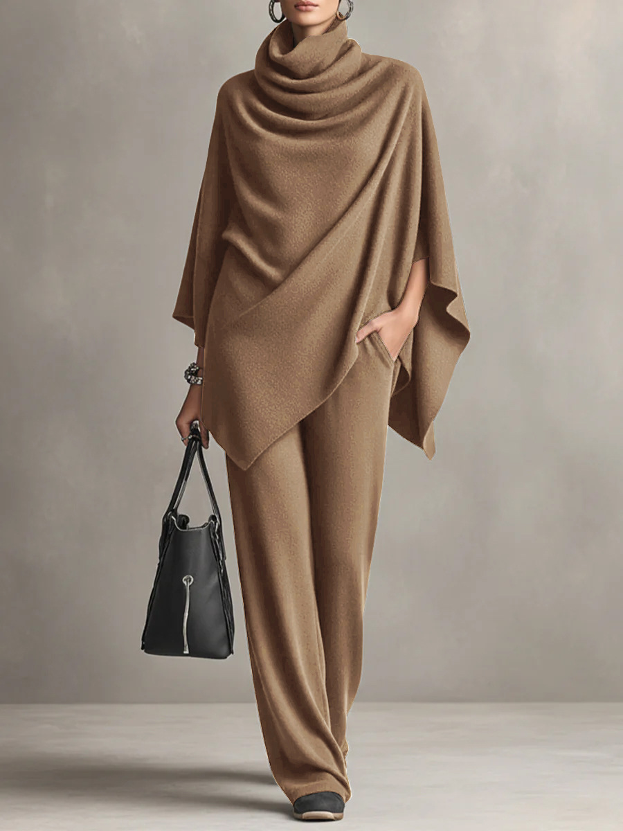 Women Draped Cowl Neck Knit Poncho Set
