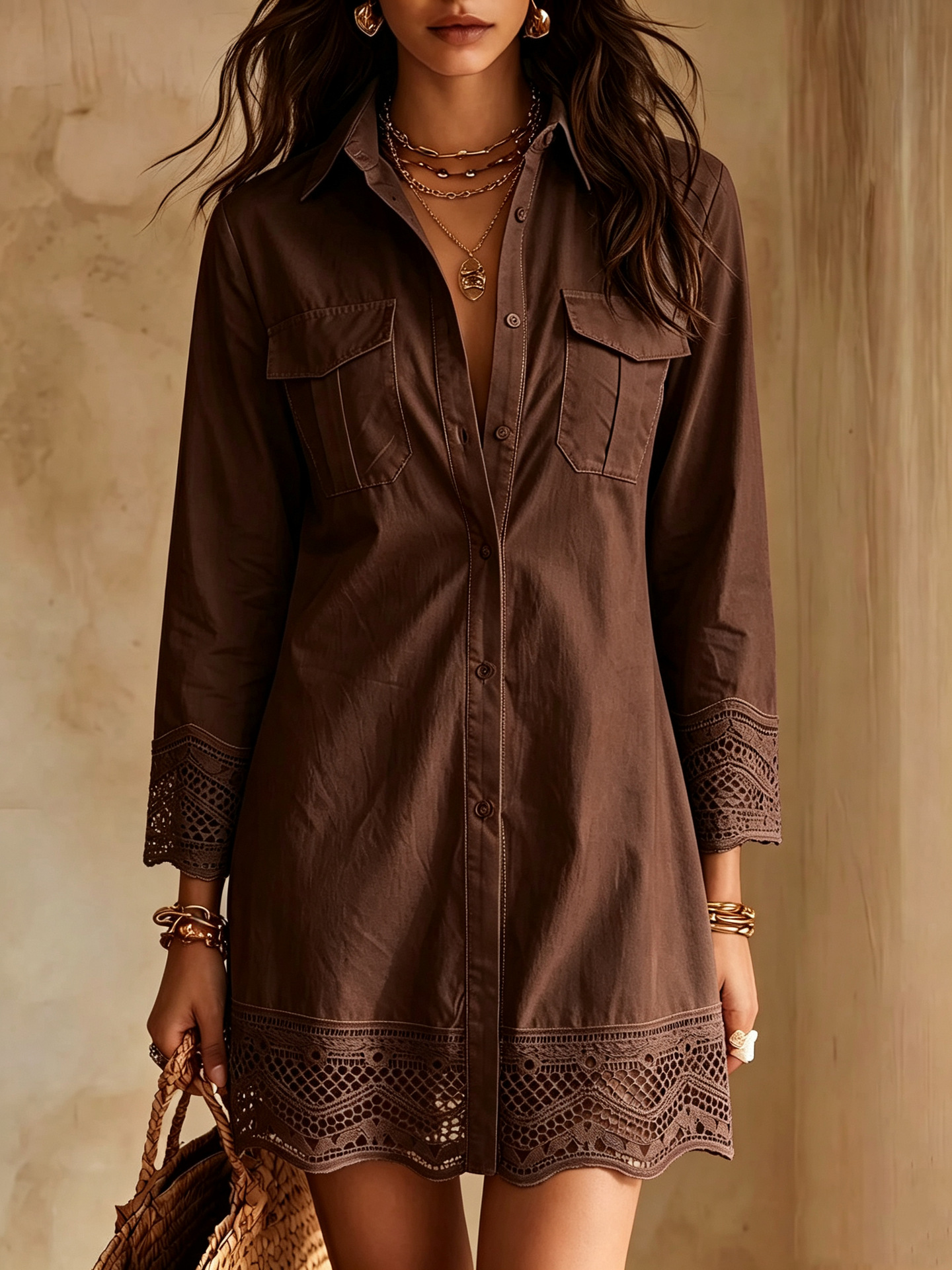 Women Lace Trim Button-Down Shirt Dress
