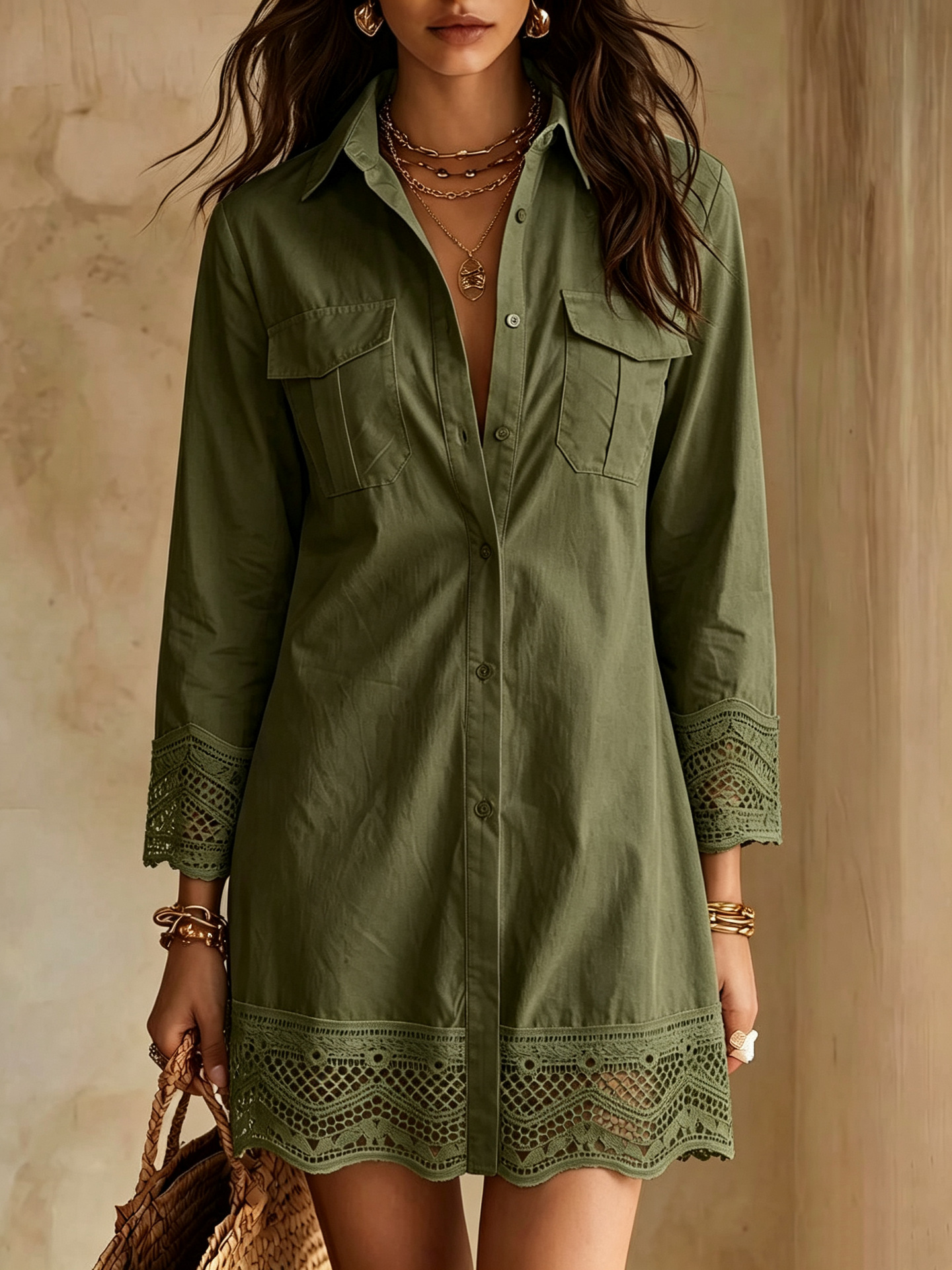Women Lace Trim Button-Down Shirt Dress