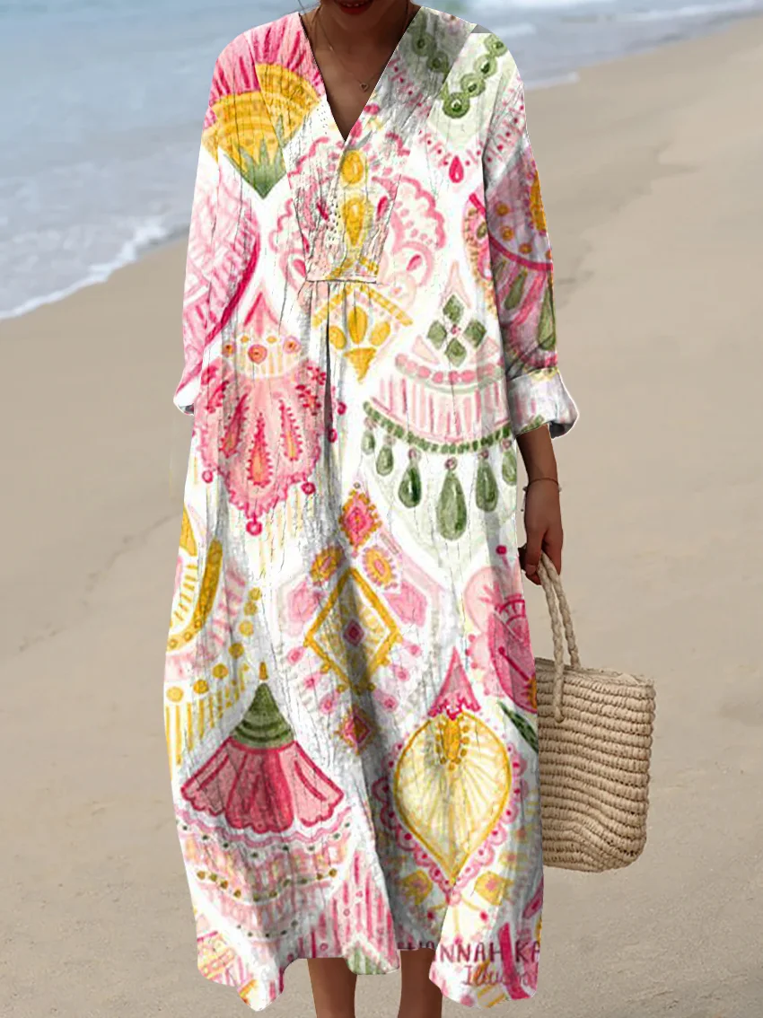 Women's Vintage Abstract Pattern Art Print Cotton Dress