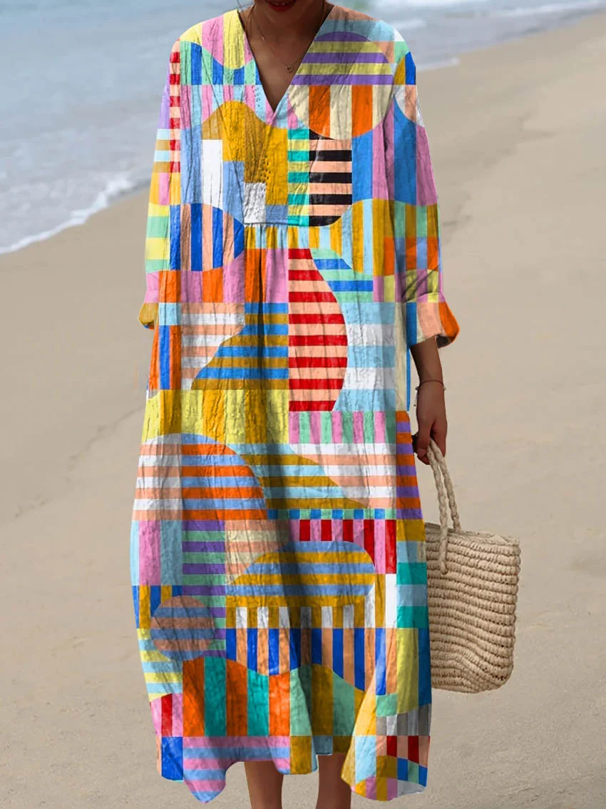 Women's Vintage Abstract Pattern Art Print Cotton Dress
