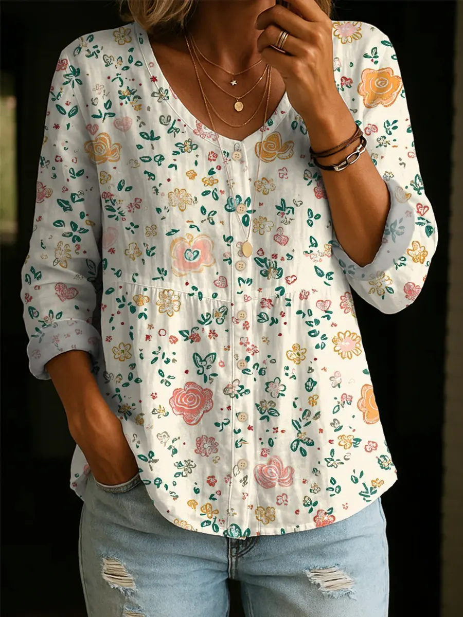 Women's Floral Pattern Art Print Casual Cotton Shirt