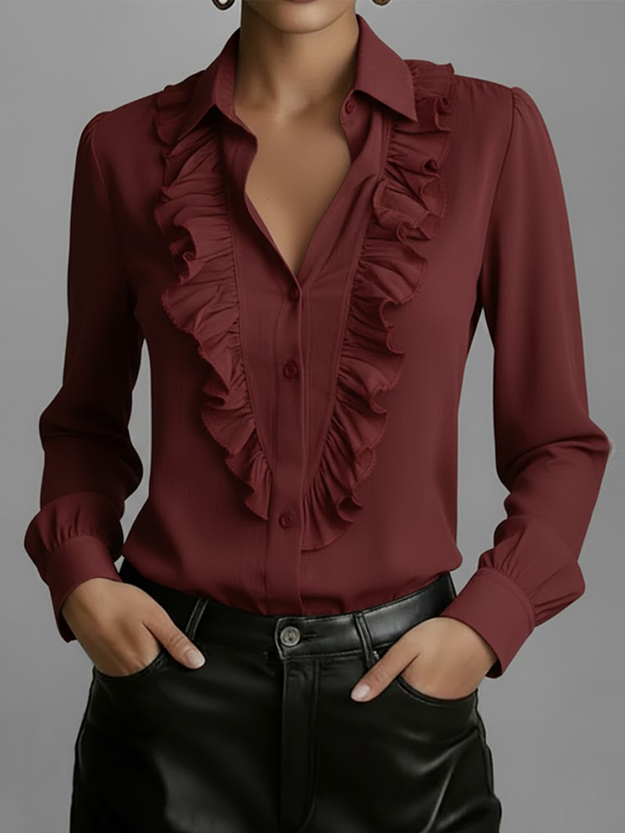 Women's Solid Color Lapel Ruffle Long-sleeved Casual Loose Cotton Shirt