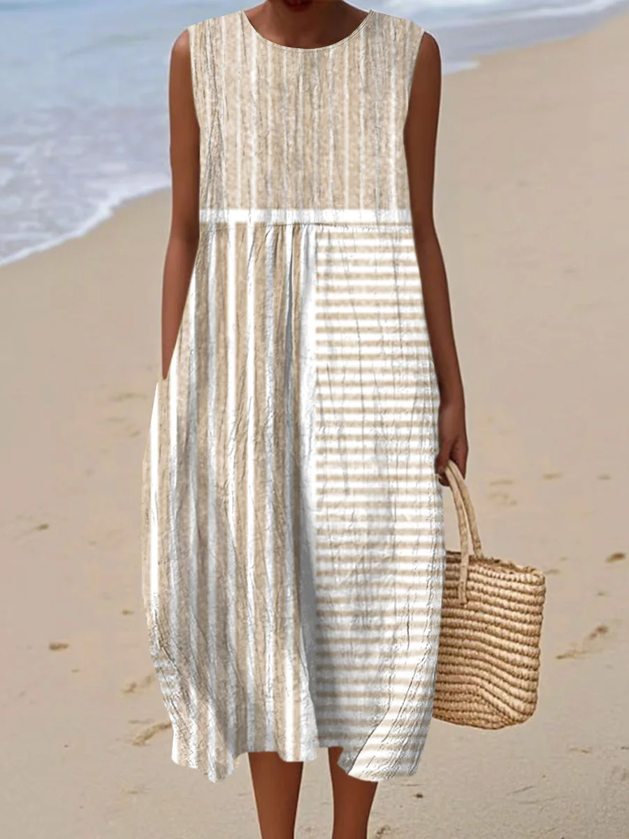 Women's Vintage Abstract Geometric Art Print Sleeveless Cotton Pocket Wrap Dress