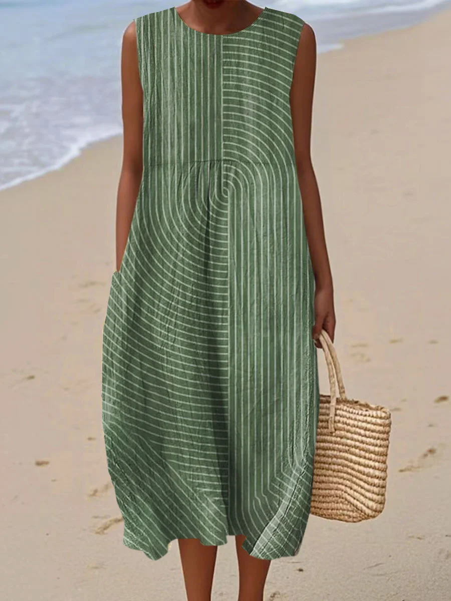 Women's Vintage Abstract Geometric Art Print Sleeveless Cotton Pocket Wrap Dress