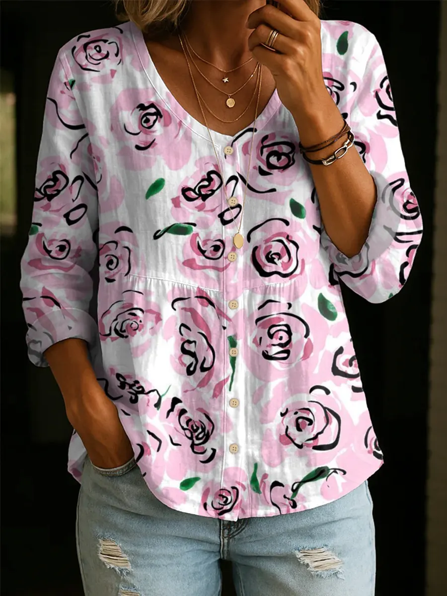 Women's Floral Pattern Art Print Casual Cotton Shirt