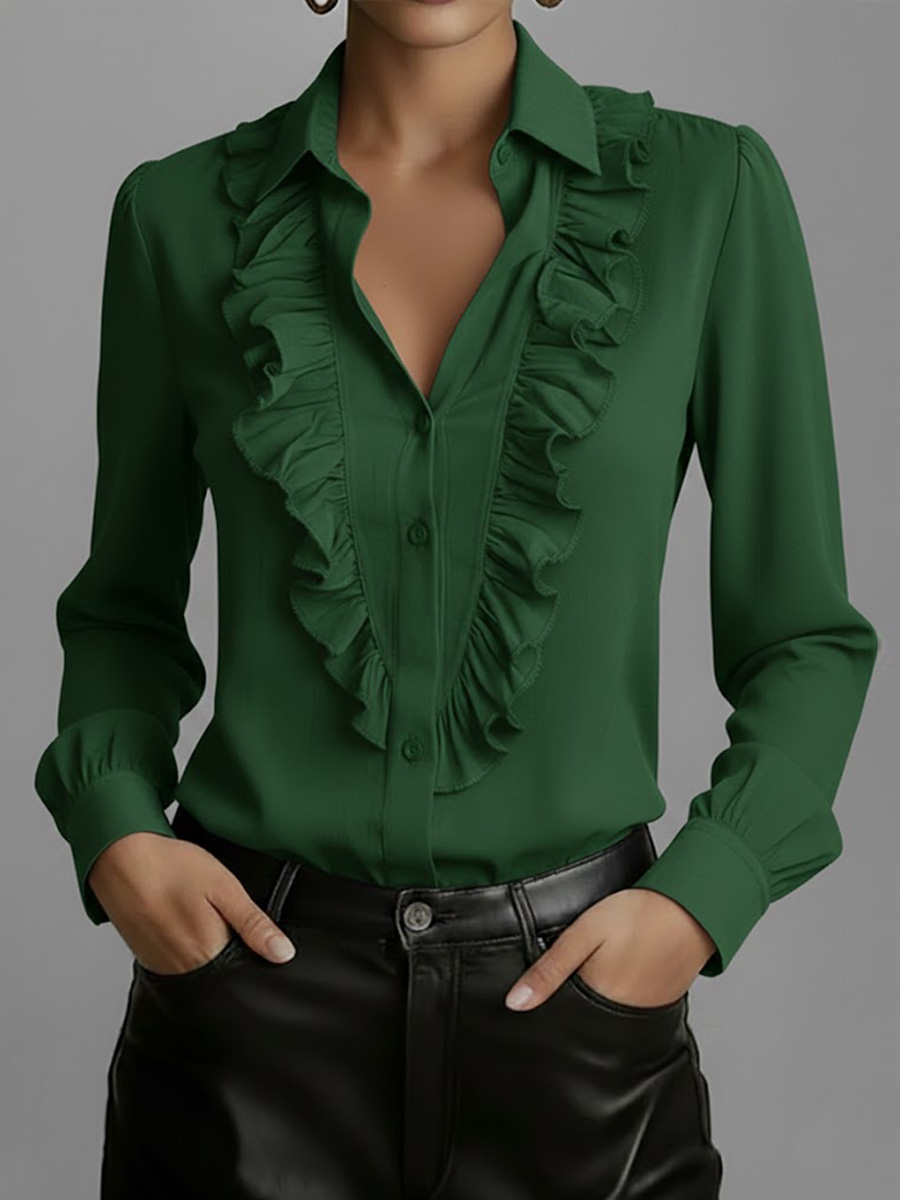 Women's Solid Color Lapel Ruffle Long-sleeved Casual Loose Cotton Shirt