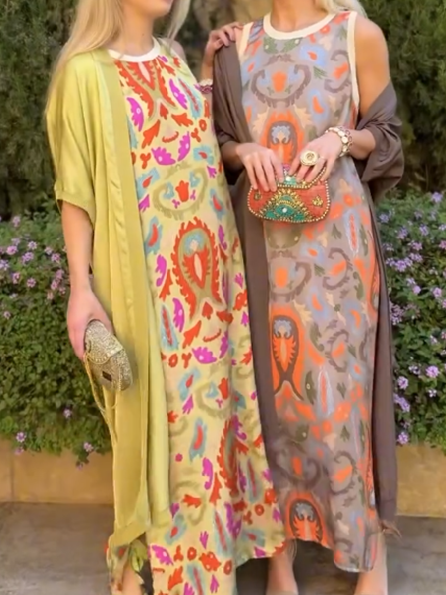 Women's Printed Satin Cardigan Dress Two-Piece Set