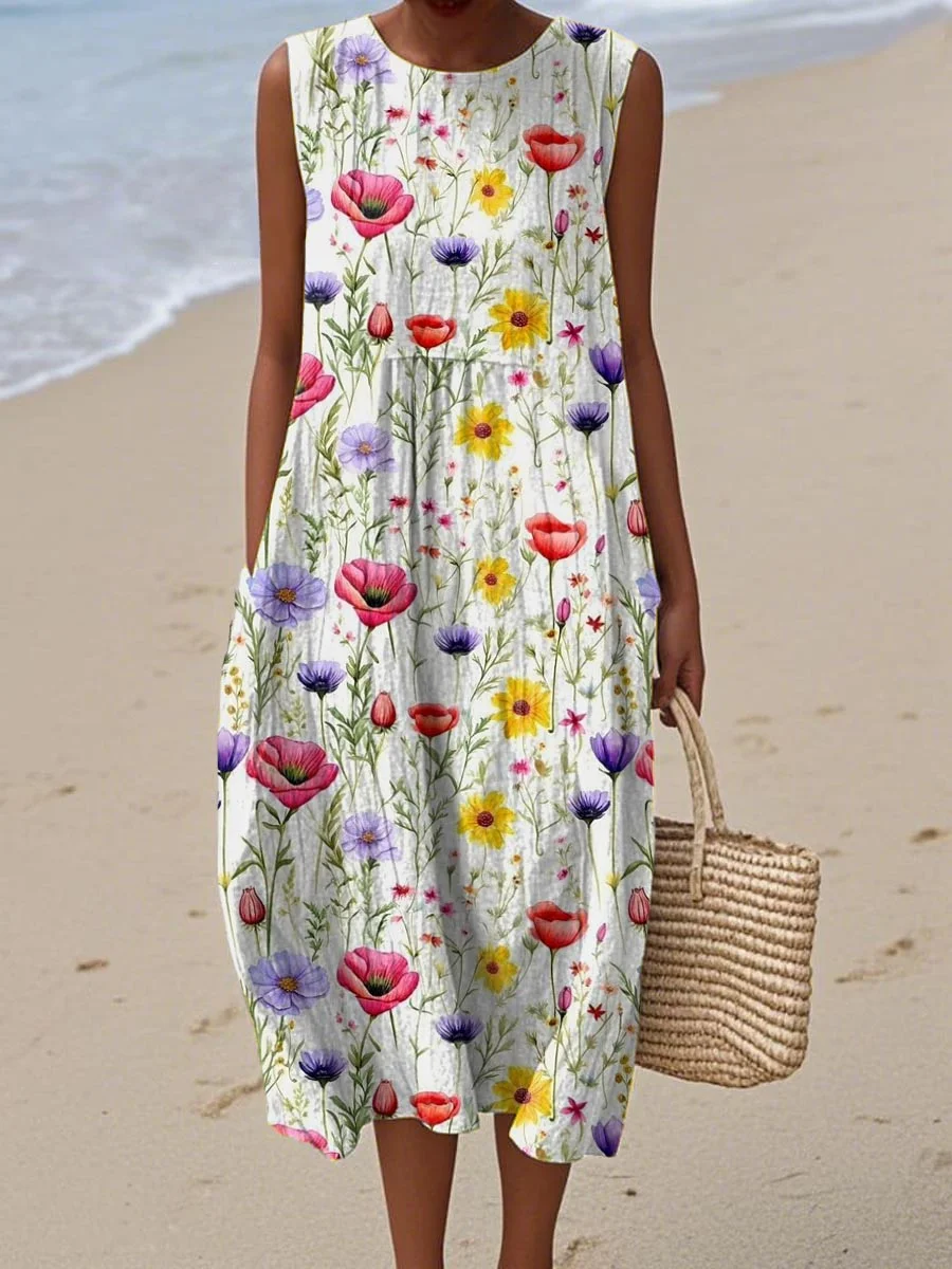 Women's Vintage Abstract Geometric Art Print Sleeveless Cotton Pocket Wrap Dress