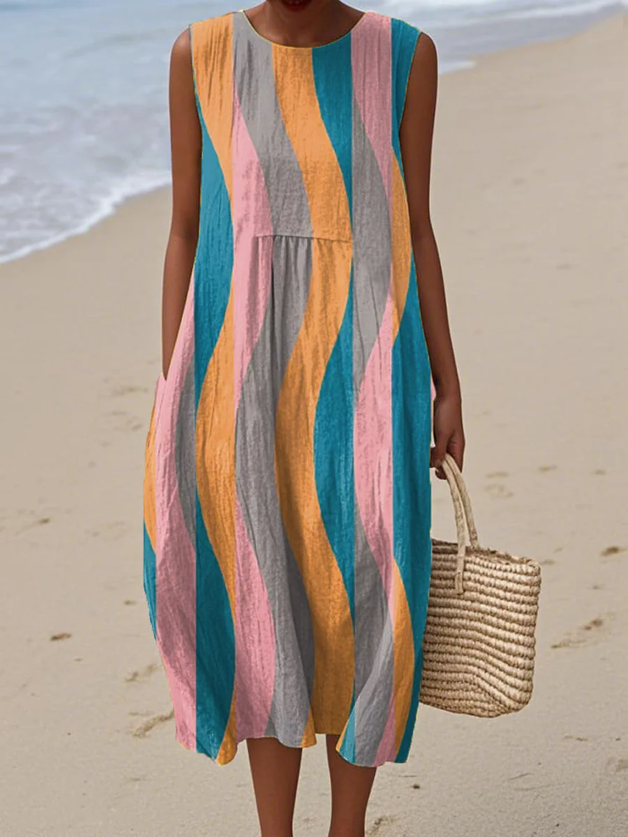 Women's Vintage Abstract Geometric Art Print Sleeveless Cotton Pocket Wrap Dress