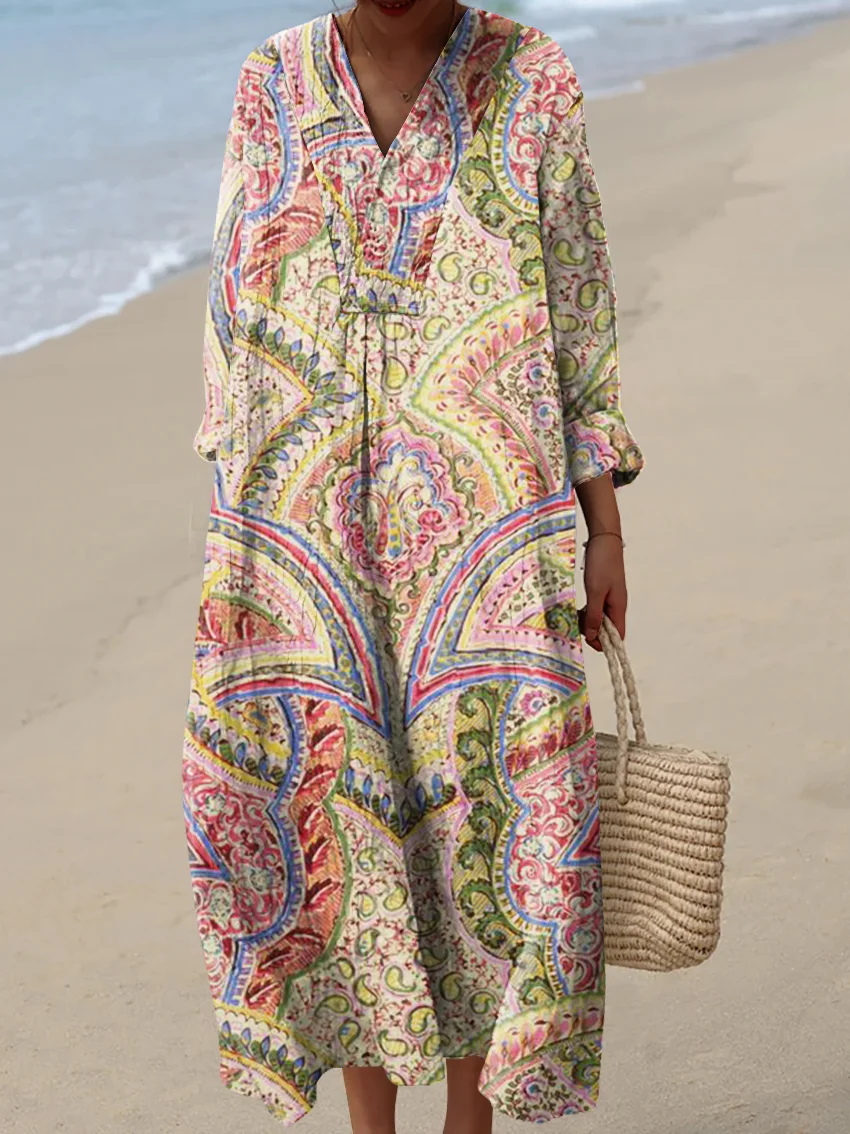 Women's Vintage Abstract Pattern Art Print Cotton Dress