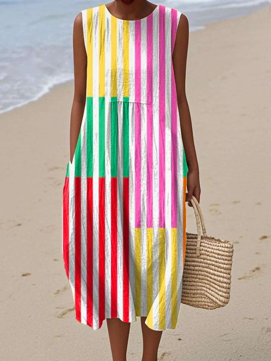 Women's Vintage Abstract Geometric Art Print Sleeveless Cotton Pocket Wrap Dress