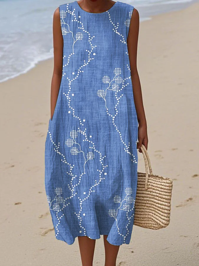 Women's Vintage Abstract Geometric Art Print Sleeveless Cotton Pocket Wrap Dress