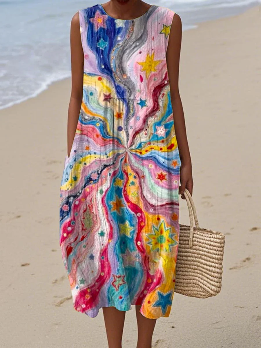 Women's Vintage Abstract Geometric Art Print Sleeveless Cotton Pocket Wrap Dress