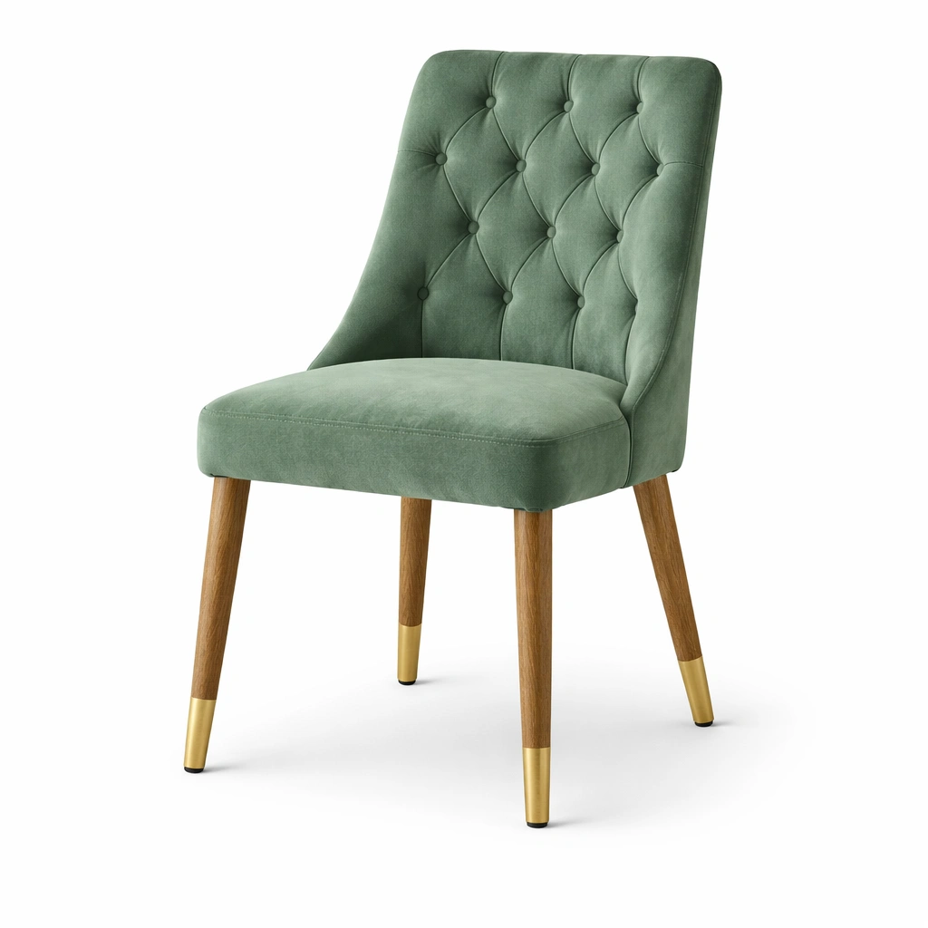 Chaise de salle à manger en velours vert avec pieds en chêne et détails dorés-Furn Sira