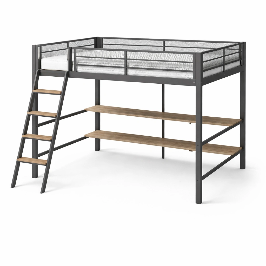 Lit mezzanine en métal et MDF noir et bois avec échelle-LIVZORAE