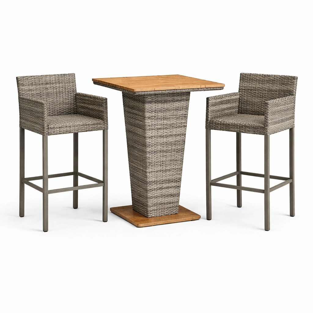 Ensemble de bar en bois et rotin avec table et chaises-LIVZORAE