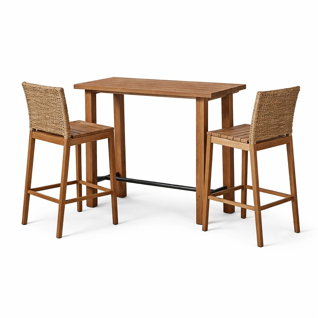 Ensemble de bar en bois avec table haute et tabourets en rotin-LIVZORAE