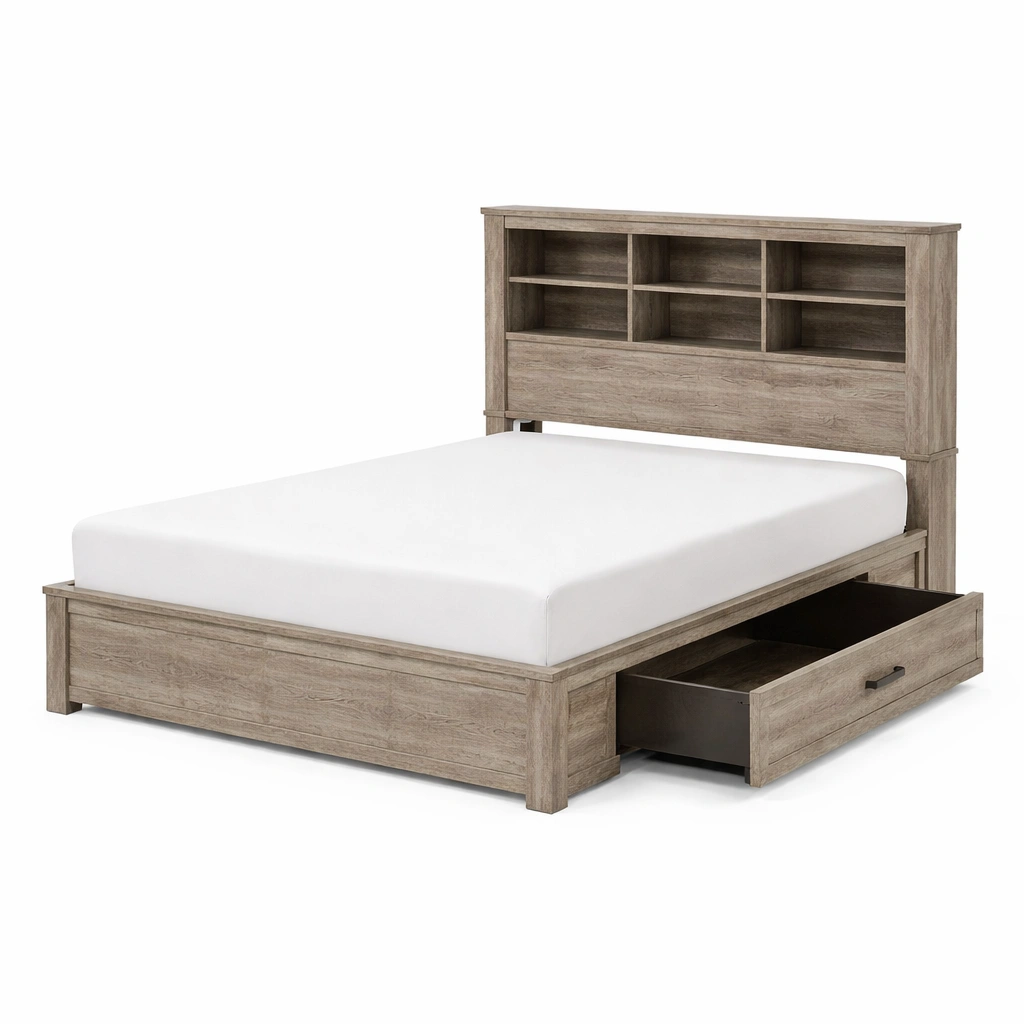 Lit avec rangement double en bois avec étagères et tiroirs-LIVZORAE