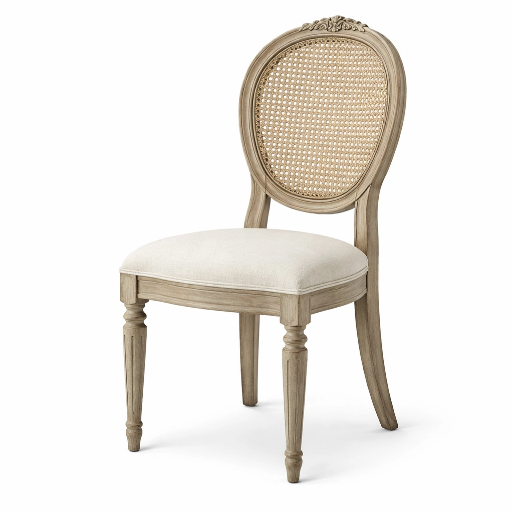 Chaise de salle à manger en bois avec dossier en cannage et assise en tissu beige-NESTZERAE