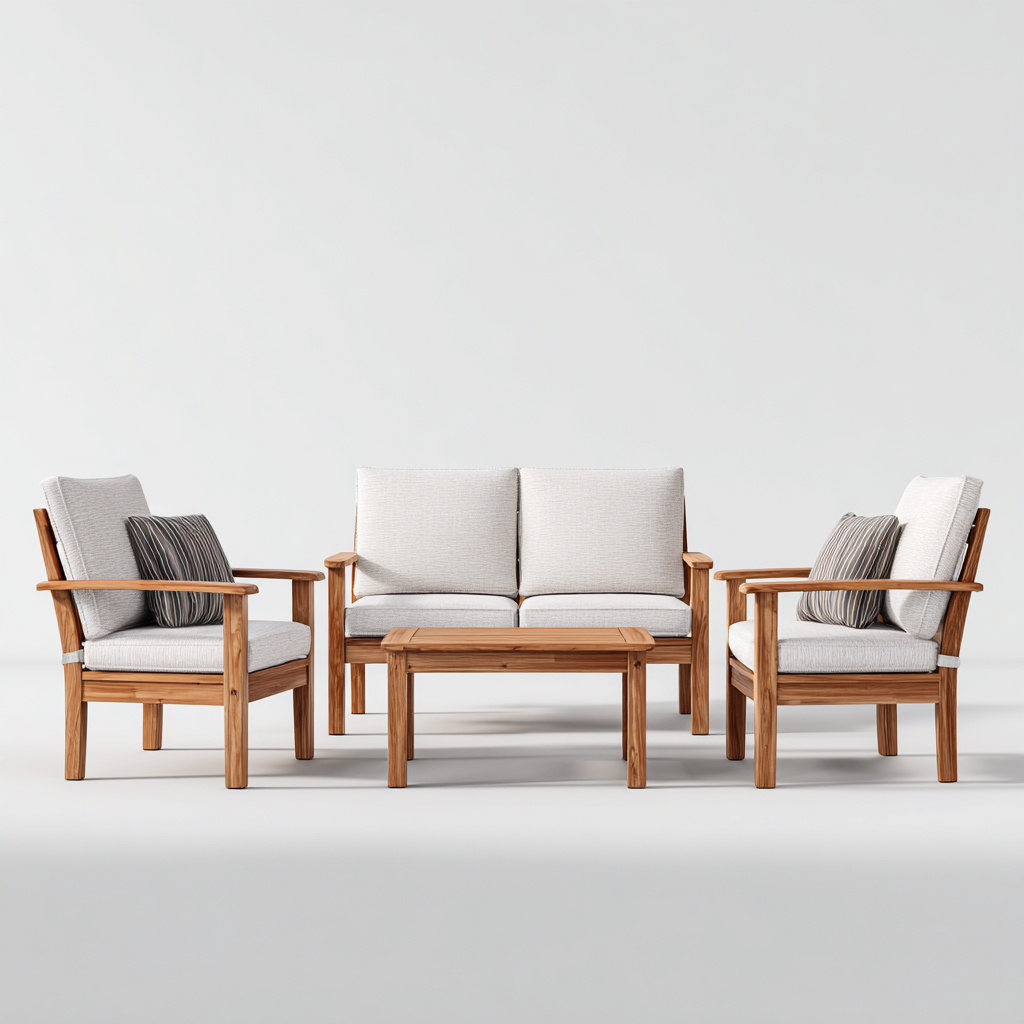 Set salotto da terrazza - legno-tessuto - 140x78x80 cm - naturale-grigio chiaro - design moderno-Vidiioloft