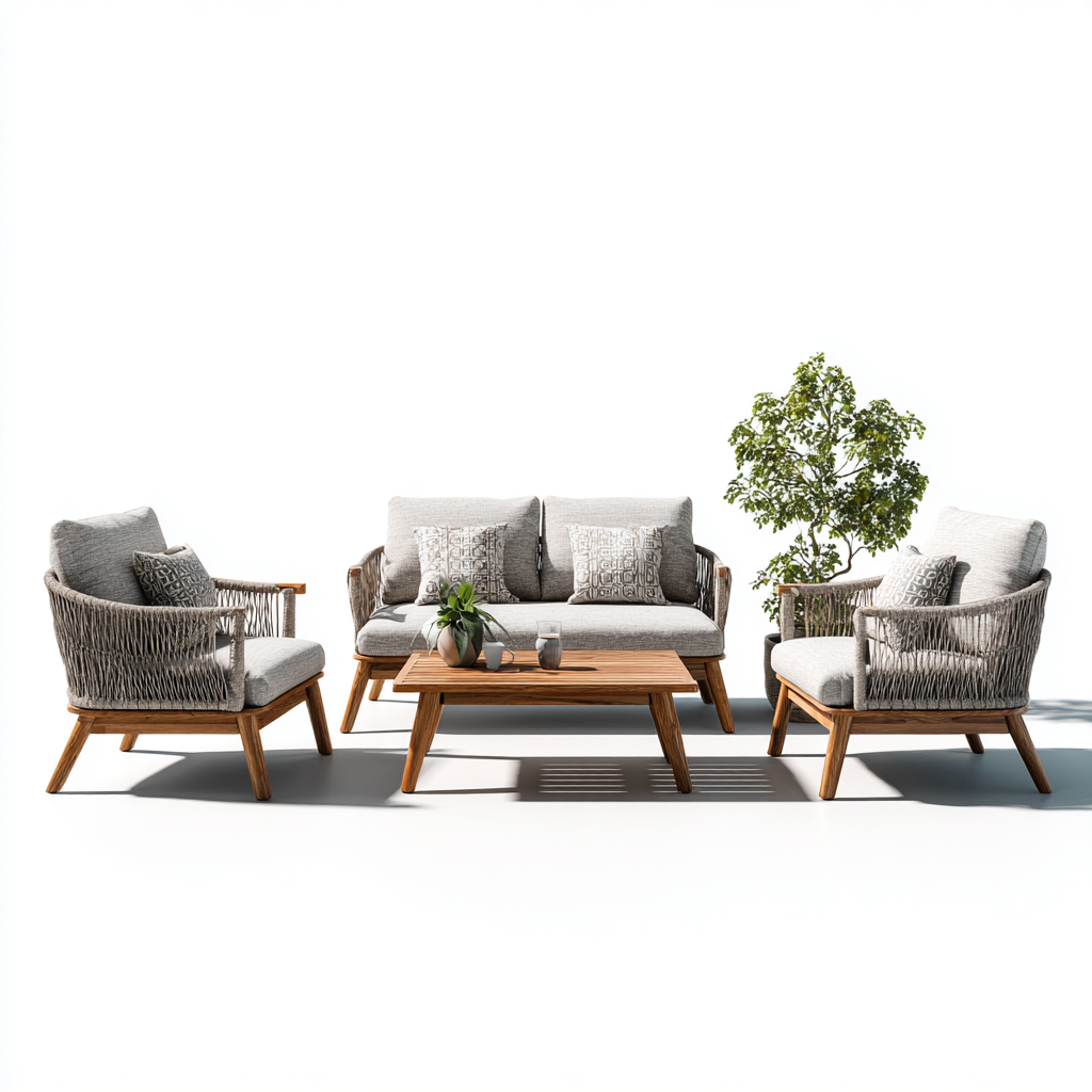 Set salotto da terrazza - corda-legno-tessuto - 150x82x84 cm - grigio naturale-naturale - design moderno-Vidiioloft