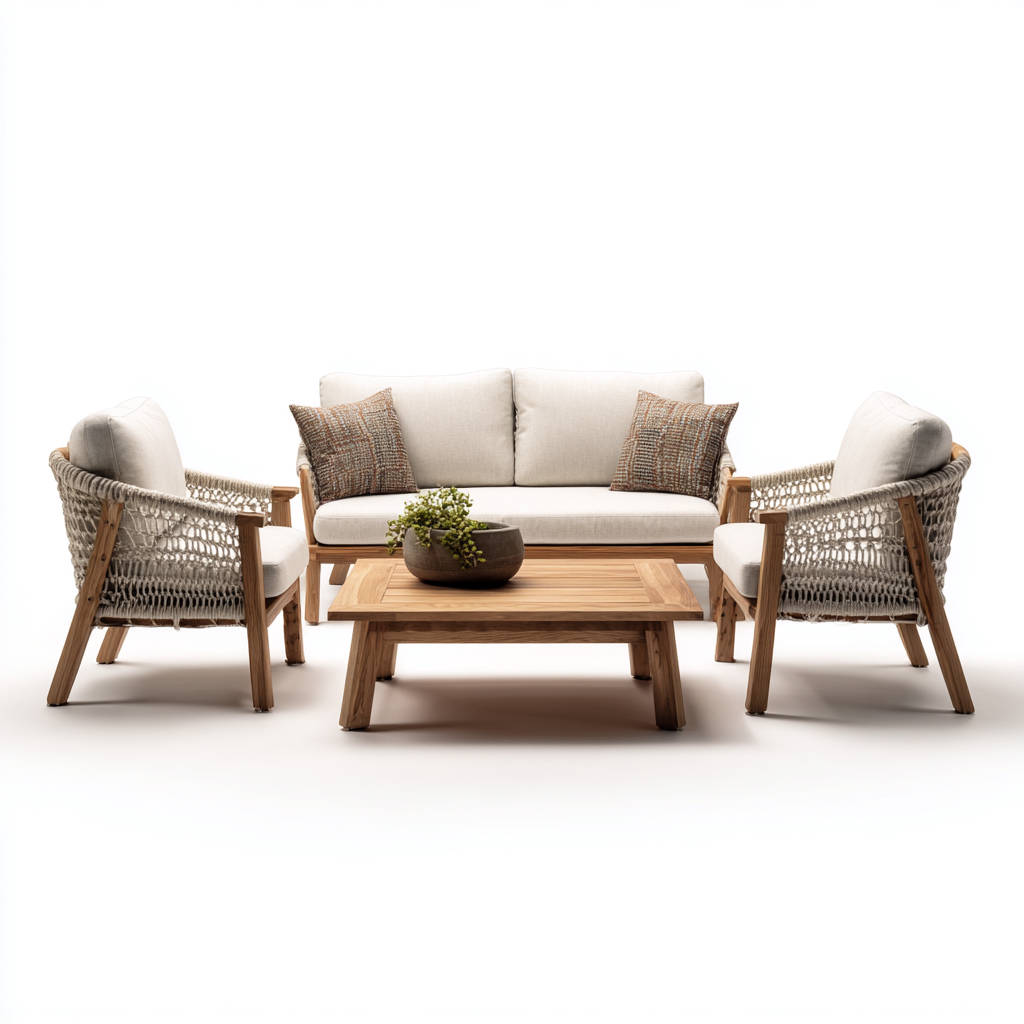 Set salotto da terrazza - corda-legno-tessuto - 145x80x82 cm - naturale-beige - design moderno-Vidiioloft