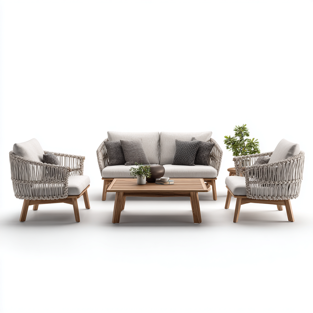 Set salotto da terrazza - corda-legno-tessuto - 142x80x82 cm - grigio naturale-naturale - design moderno-Vidiioloft