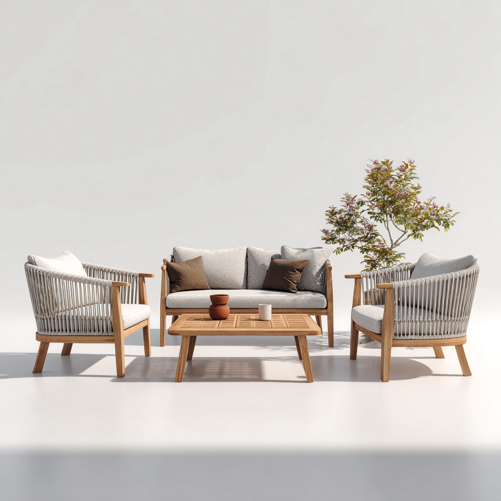 Set salotto da terrazza - corda-legno-tessuto - 148x82x84 cm - grigio naturale-naturale - design moderno-Vidiioloft