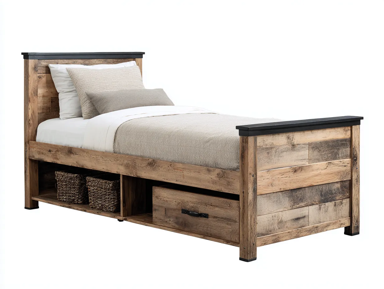 Letto singolo - legno massello - 208x99x97 cm - marrone-nero - stile industriale rustico-Tavexiadecor