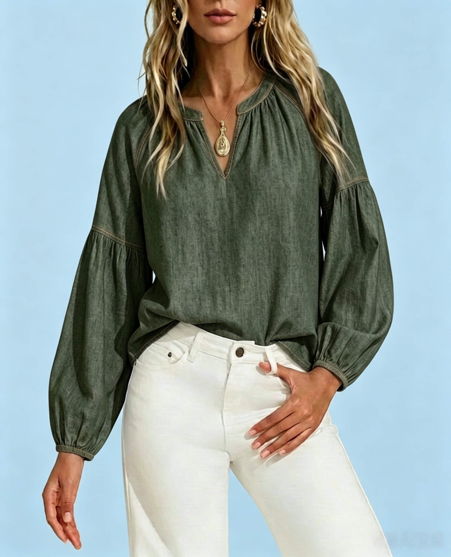 Women's Casual Denim Puff Sleeve Blouse