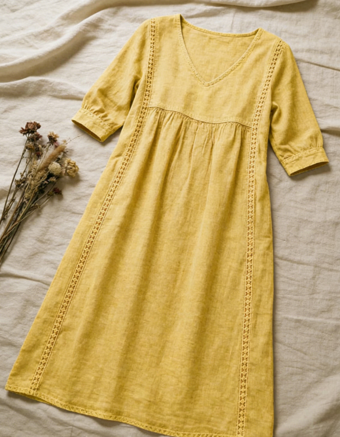 New Arrivals🔥Women's Casual Loose-fitting Patchwork Lace Trim Linen And Cotton Dress