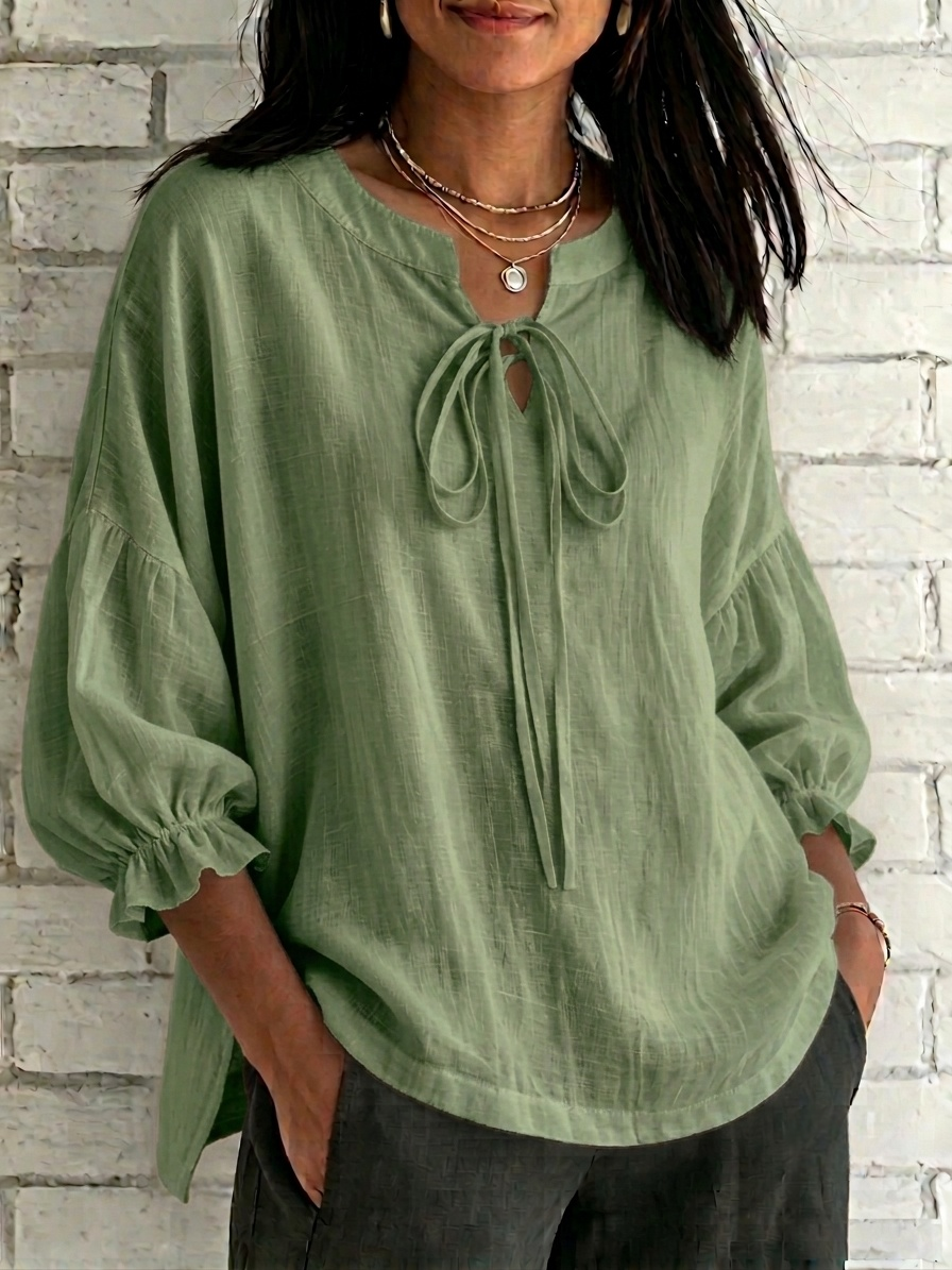 New Arrival 🔥Women's Lace-up V-neck Puff Sleeve Cotton-linen Shirt