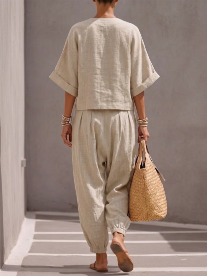 New Arrivals🔥Women's Casual Linen And Cotton Button-up Top And Trousers Two-piece Set