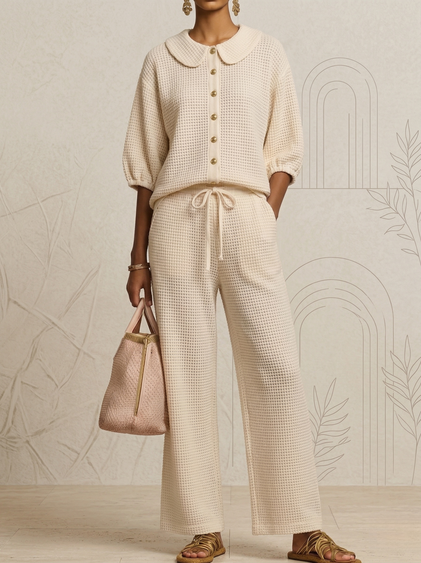 New Arrivals🔥Stylish Peter Pan Waffle Two-Piece Set-Casual Shirt & Wide Leg Pants Outfit