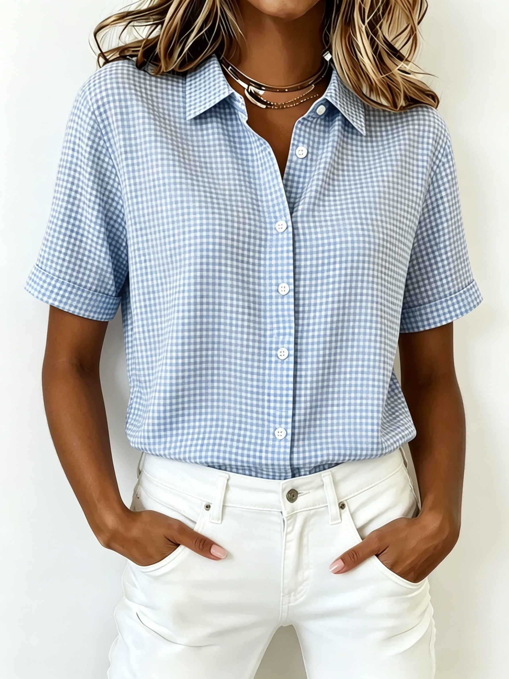 New Arrival🔥 Women's Casual Gingham Short Sleeve Button Down Shirt
