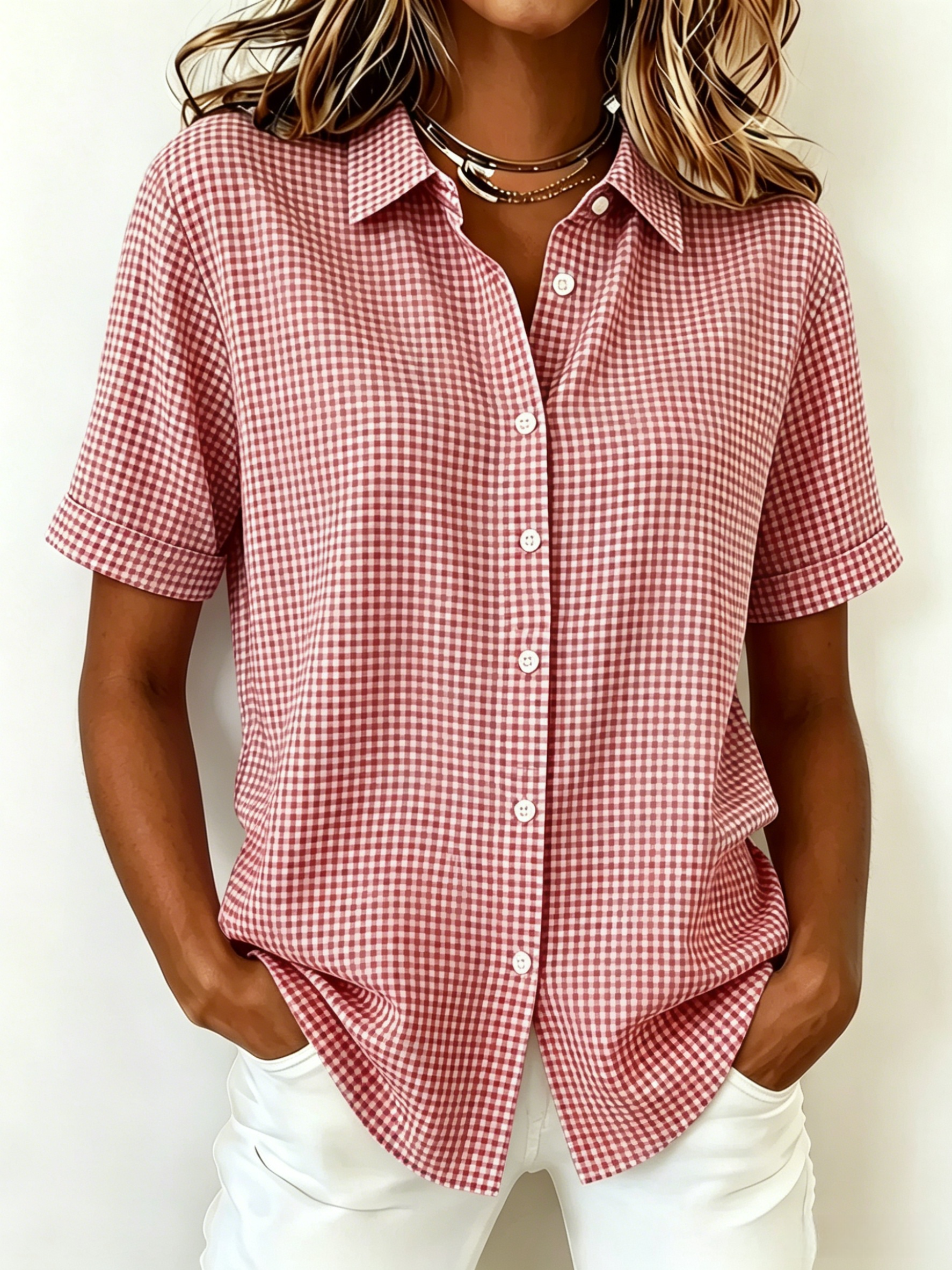 New Arrival🔥 Women's Casual Gingham Short Sleeve Button Down Shirt