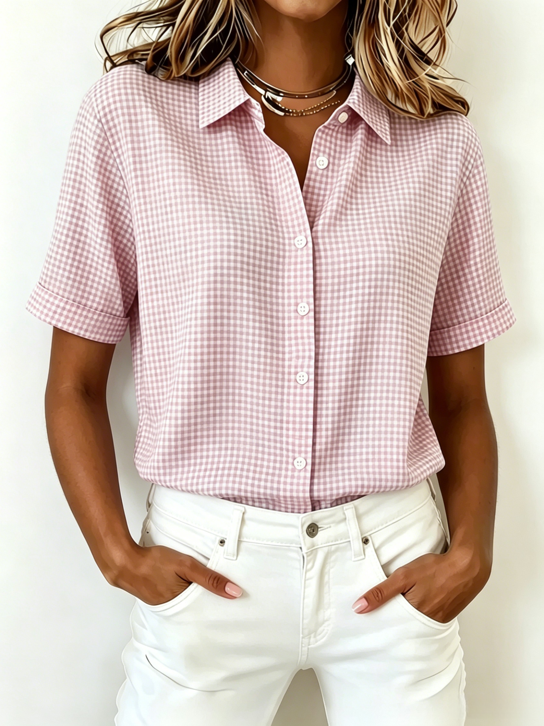 New Arrival🔥 Women's Casual Gingham Short Sleeve Button Down Shirt