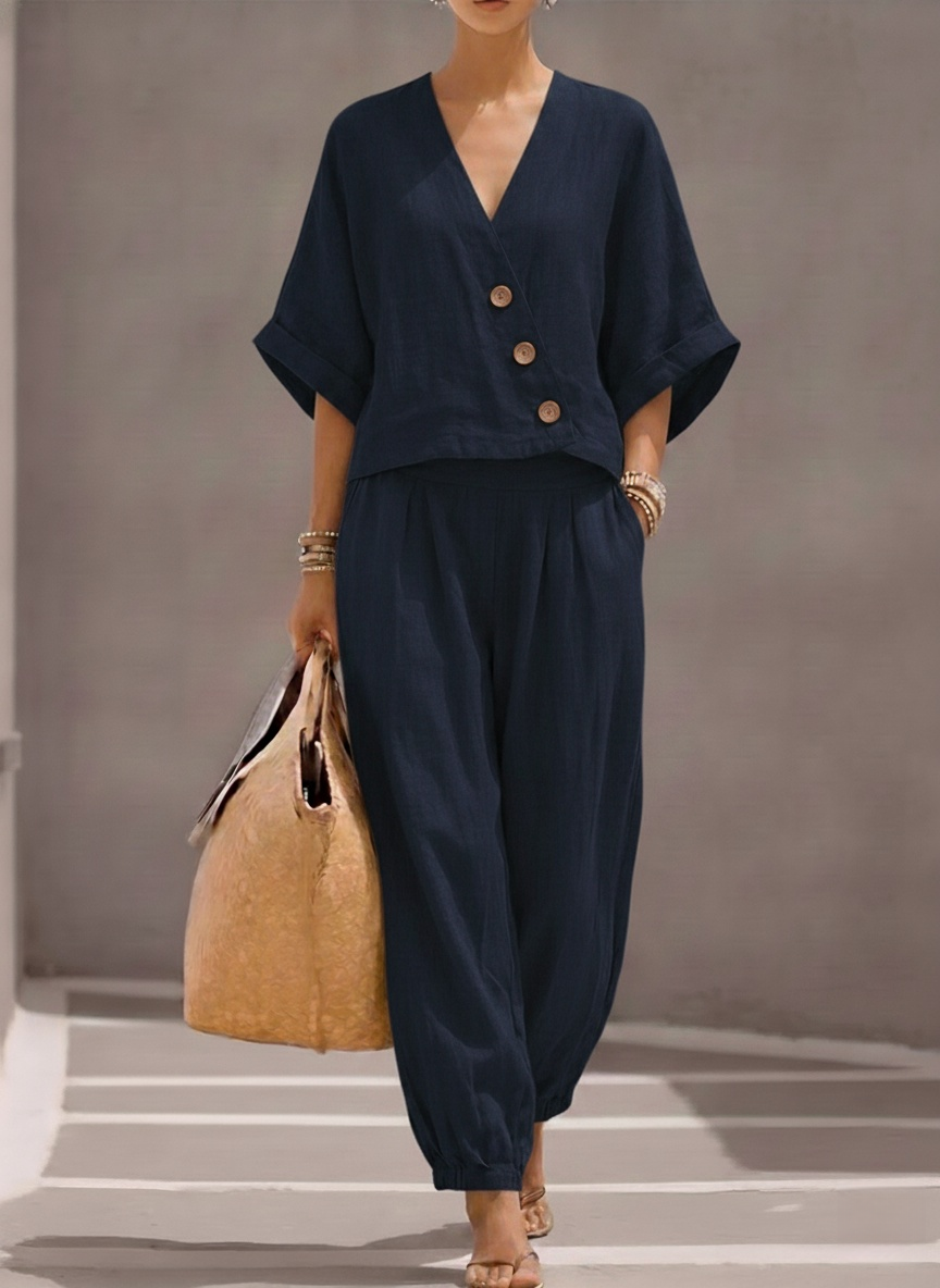 New Arrivals🔥Women's Casual Linen And Cotton Button-up Top And Trousers Two-piece Set