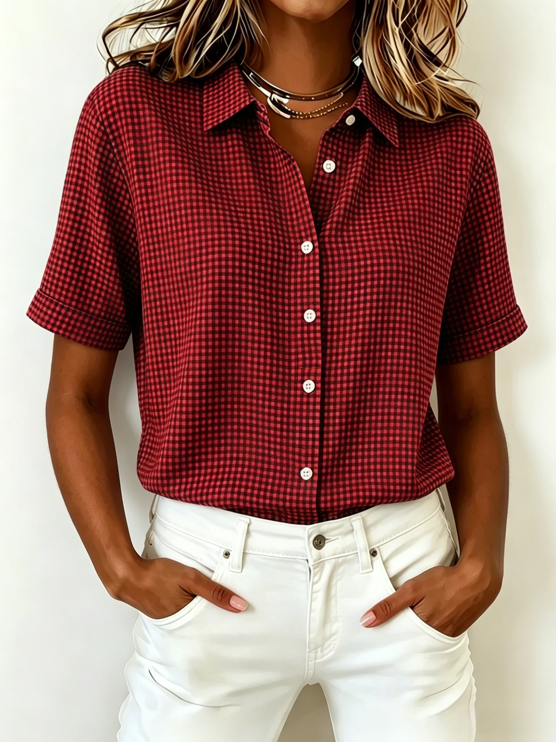New Arrival🔥 Women's Casual Gingham Short Sleeve Button Down Shirt