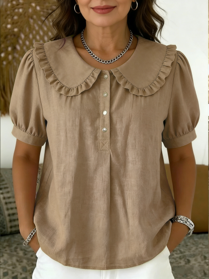 NEW🔥 Casual Peter Pan collar cotton-linen blend polo shirt