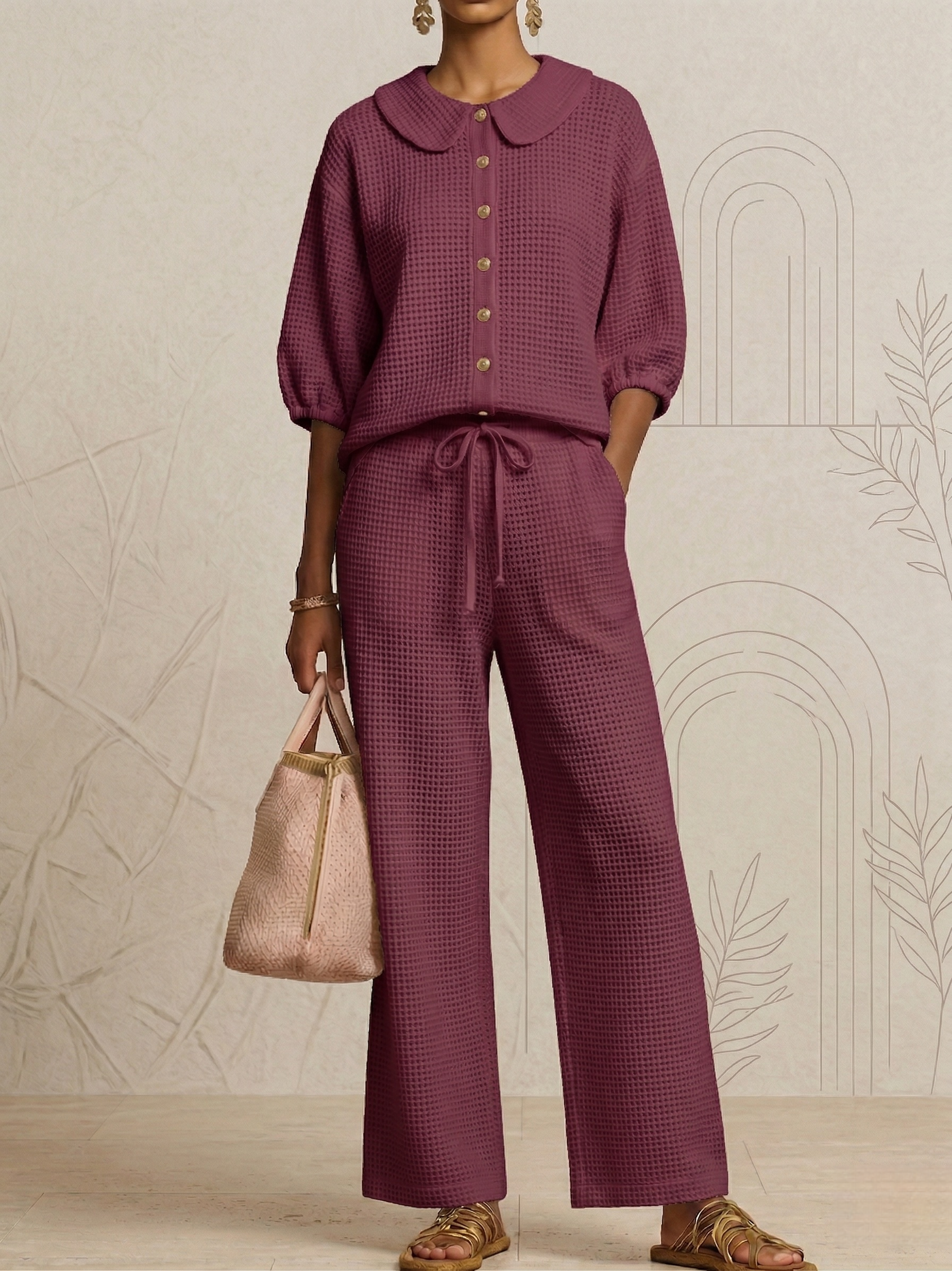 New Arrivals🔥Stylish Peter Pan Waffle Two-Piece Set-Casual Shirt & Wide Leg Pants Outfit