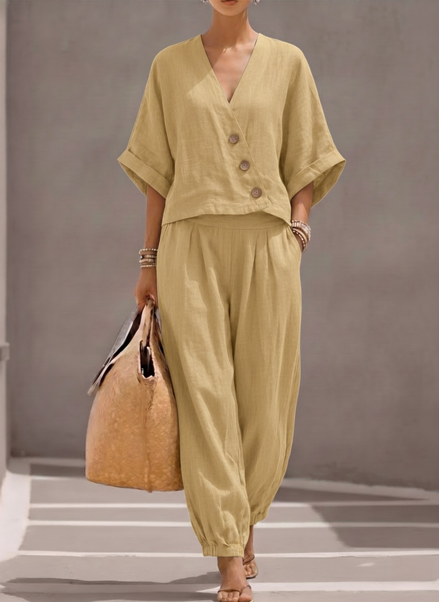 New Arrivals🔥Women's Casual Linen And Cotton Button-up Top And Trousers Two-piece Set